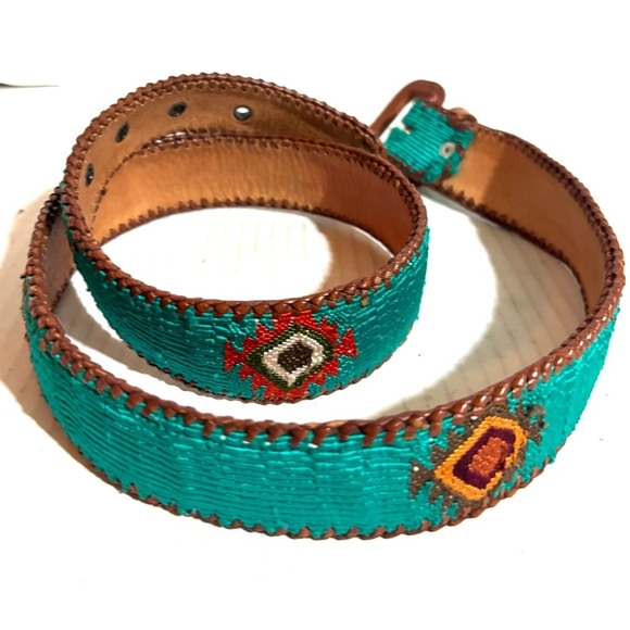 Handmade unisex Size 34 Turquoise and Brown Beaded Women\'s Belt